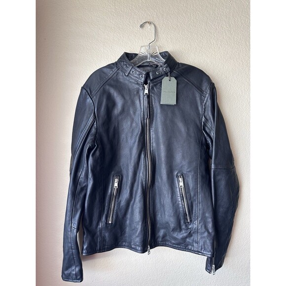 New ALLSAINTS Cora Black Leather Snap Back Collar Jacket Men's Size L MSRP $649